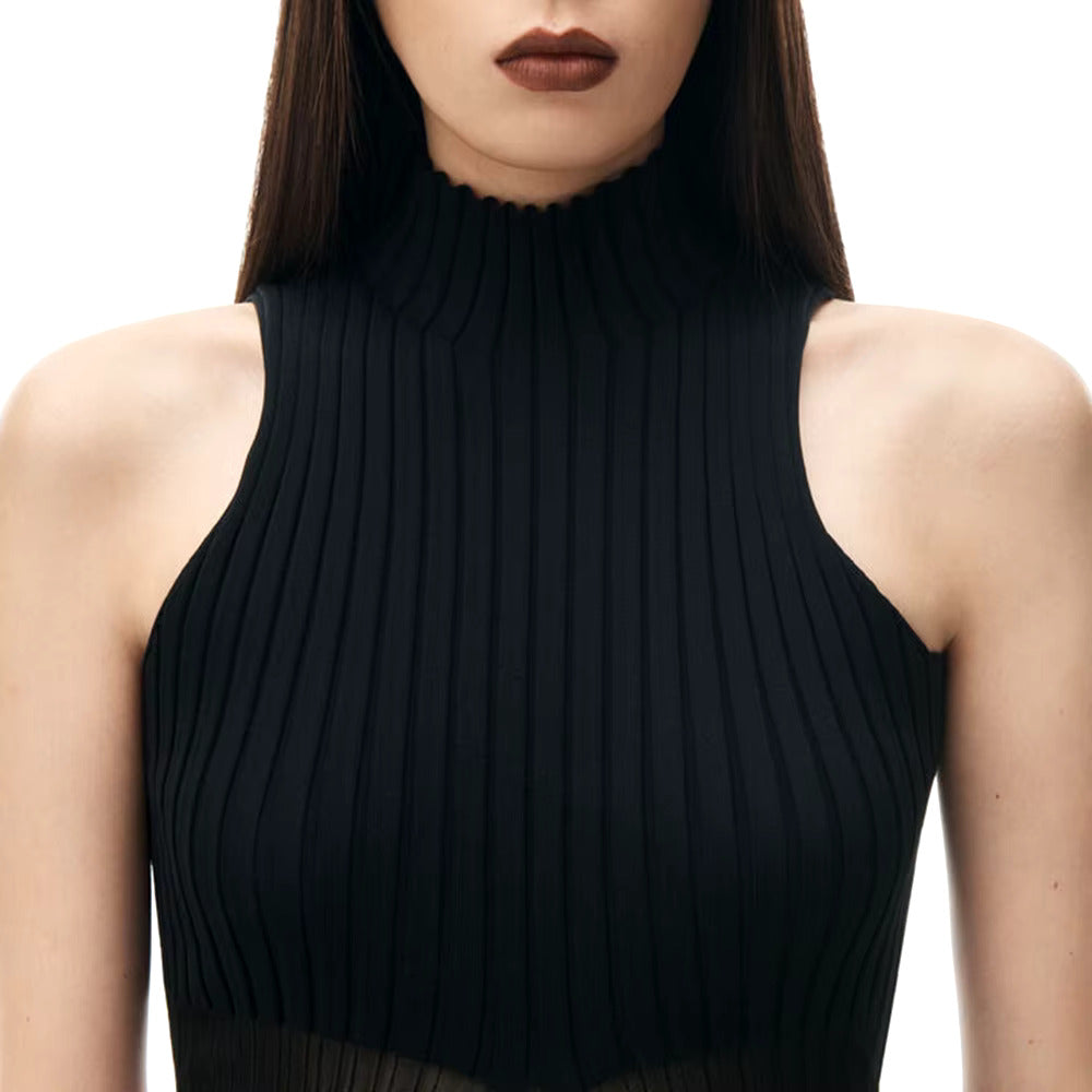 SLEEVELESS RIBBER HIGH NECK TOP with FRONT SLIT TRAILING