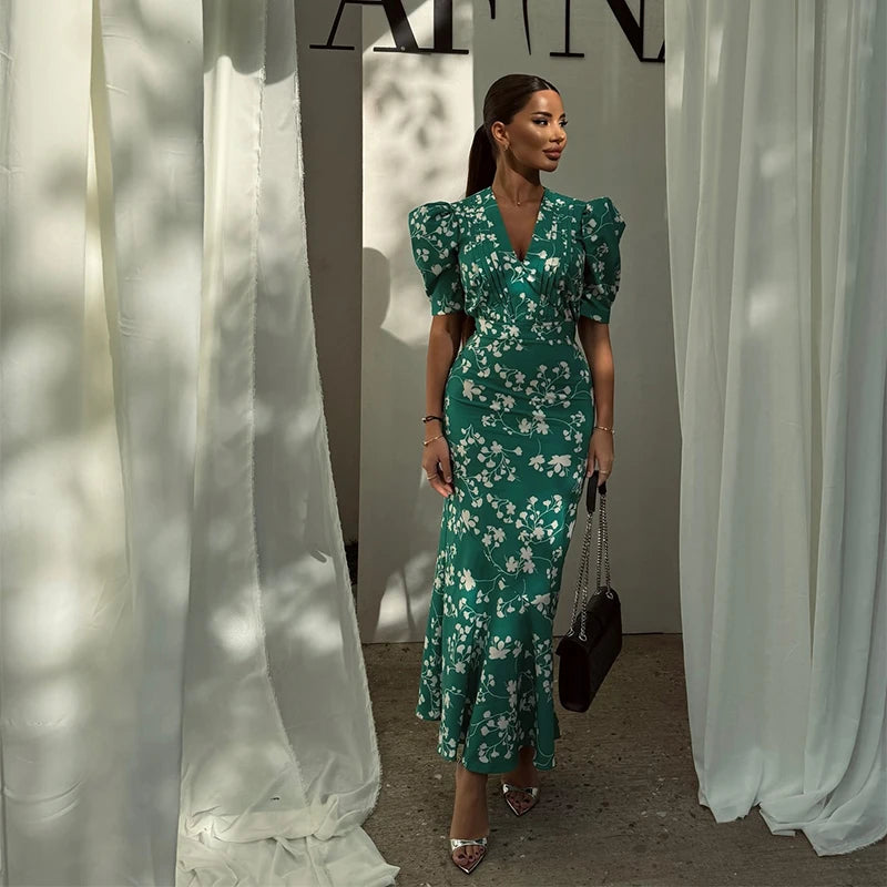 Blush Pink Polka Dot Maxi Dress with Puff Sleeves and Deep V-Neck