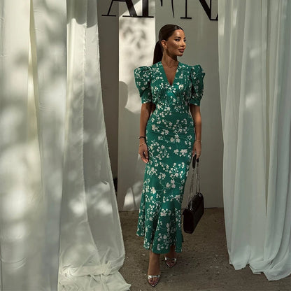 Blush Pink Polka Dot Maxi Dress with Puff Sleeves and Deep V-Neck