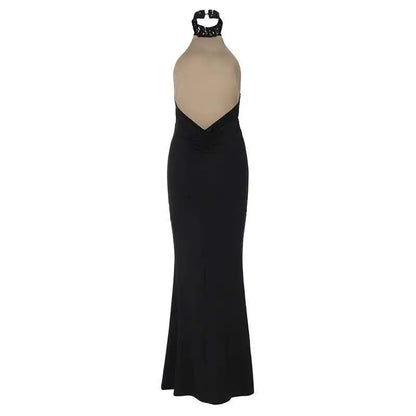Lace Halter Backless Maxi Dress – Elegant Black Bodycon Evening Gown for Women