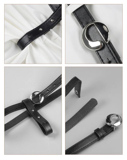 Black leather belt with silver buckle on a white background