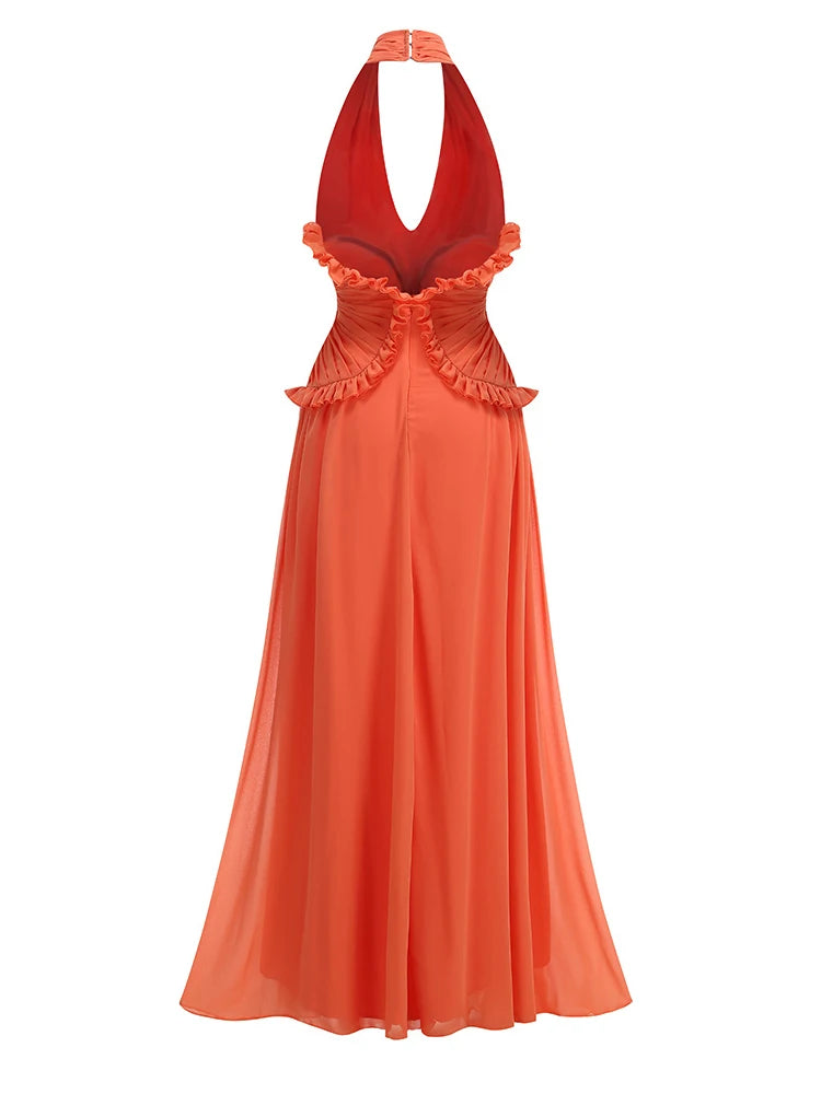 Orange Backless Halter V Neck Ruffles Patchwork Maxi Dress
