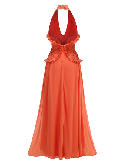 Orange Backless Halter V Neck Ruffles Patchwork Maxi Dress