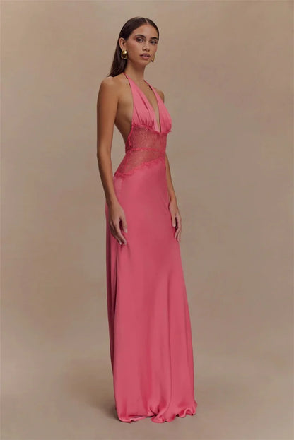 Elegant Backless Halter Maxi Dress with Lace Waist – Deep V Neck Sleeveless Summer Gown