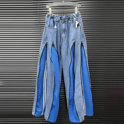 Wide Leg Contrast Zipper Jeans for Women – High Waist Streetwear Denim Pants