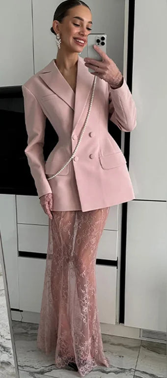 Elegant Blazer and Lace Skirt Set – Women’s Two-Piece Double Breasted Jacket with Sheer Lace Maxi Skirt – Formal Party and Evening Outfit