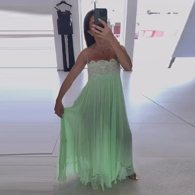 Beach Floral Lace Women's Summer Dress Sheer Hollow Out Pleated Long Spaghetti Strap Long Dresses 2026 Lady Loose Green Sundress