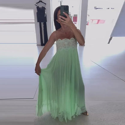 Beach Floral Lace Women's Summer Dress Sheer Hollow Out Pleated Long Spaghetti Strap Long Dresses 2026 Lady Loose Green Sundress