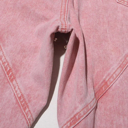 PINK HIGH WAIST DENIM TROUSERS SPLICED DIAMONDS HOLLOW OUT