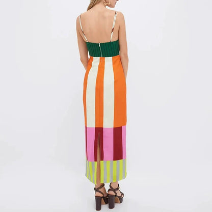 COLORFUL CONTRAST STRIPED STRAP MAXI DRESS