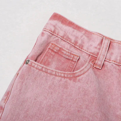 PINK HIGH WAIST DENIM TROUSERS SPLICED DIAMONDS HOLLOW OUT