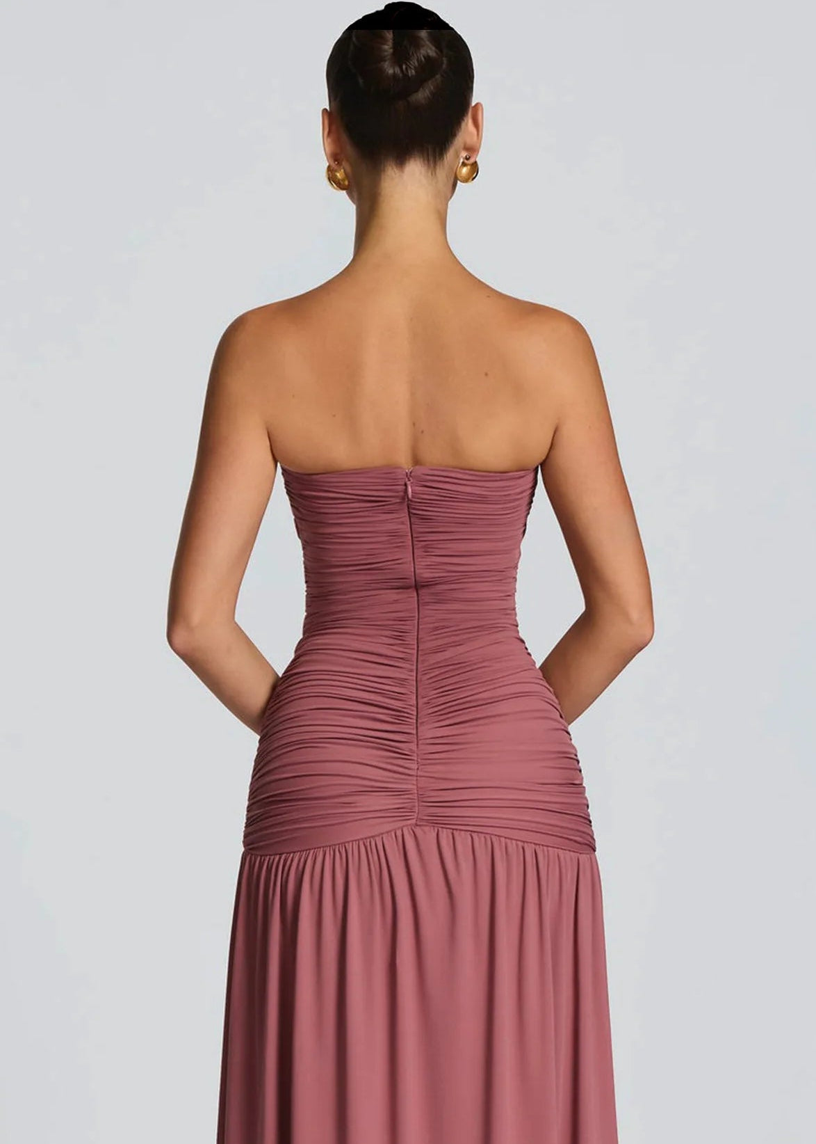 Elegant Deep V Strapless Ruched Maxi Dress