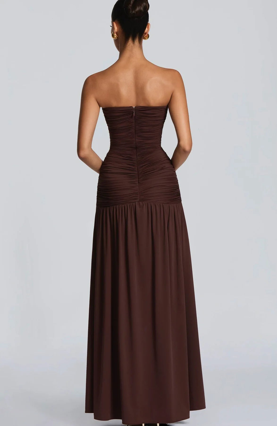 Elegant Deep V Strapless Ruched Maxi Dress