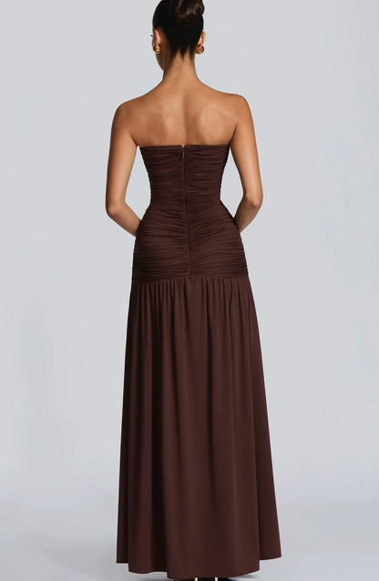 Elegant Deep V Strapless Ruched Maxi Dress