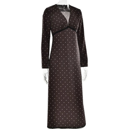 V-neck Polka Dot Long Sleeve Midi Dress – Women’s Elegant Spring Dress
