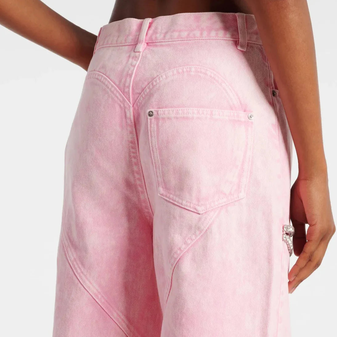PINK HIGH WAIST DENIM TROUSERS SPLICED DIAMONDS HOLLOW OUT