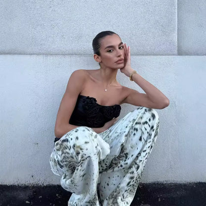 Leopard Print Wide Leg Jeans – High Waisted Vintage Streetwear Denim Pants for Women