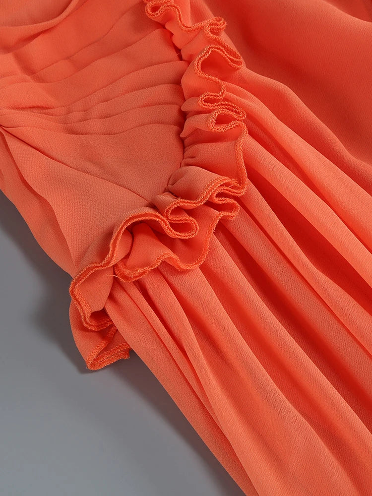 Orange Backless Halter V Neck Ruffles Patchwork Maxi Dress