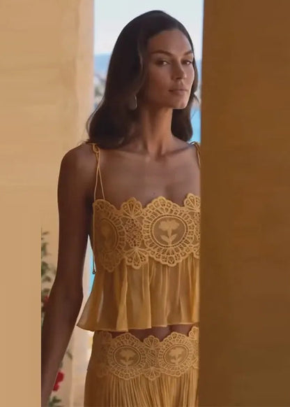 Floral Lace Pleated Wide-Leg Beach Set