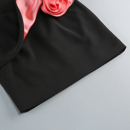 BLACK STRAPLESS MINI DRESS WAIST FLORAL DECORATION