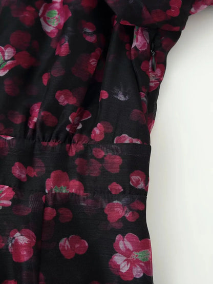 Floral Deep V Neck Mini Dress with Bell Sleeves and Ruffle Hem