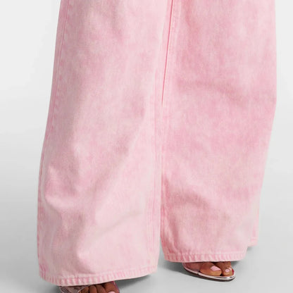PINK HIGH WAIST DENIM TROUSERS SPLICED DIAMONDS HOLLOW OUT