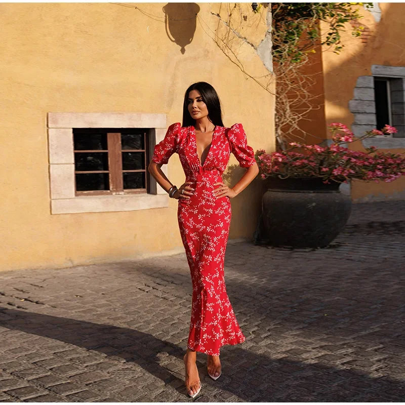 Blush Pink Polka Dot Maxi Dress with Puff Sleeves and Deep V-Neck