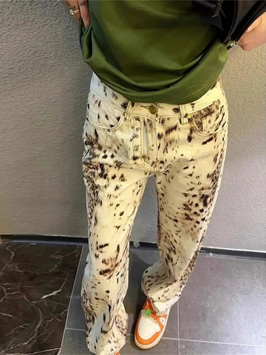 Leopard print wide leg high waisted jeans for women – front view