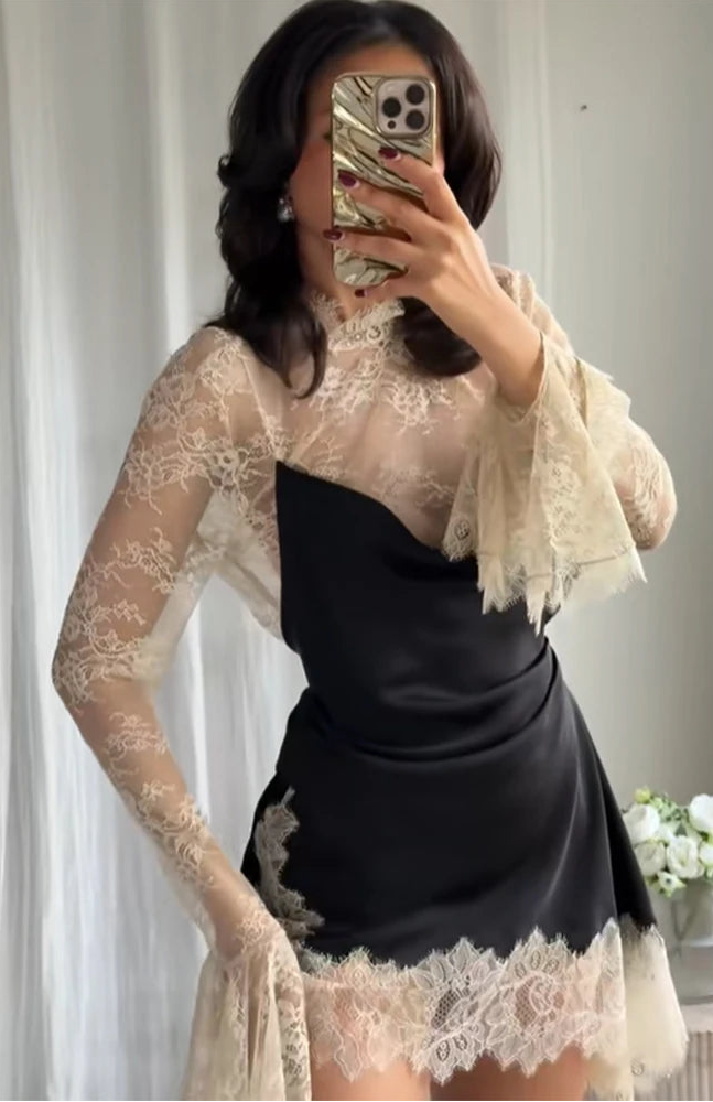 Elegant Lace Patchwork Mini Dress for Women – See Through Party Club Dress