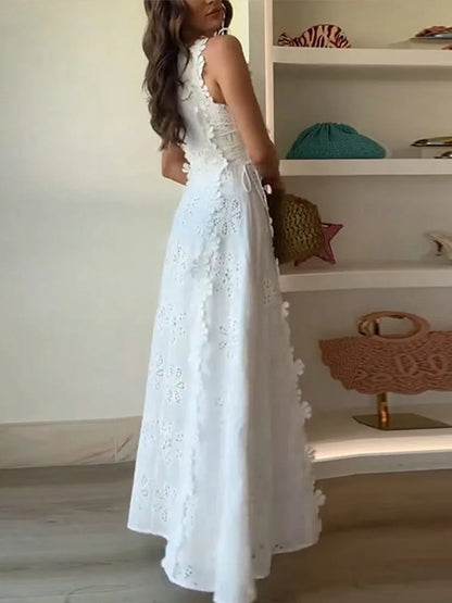 White Sleeveless Embroidered Midi Dress with Lace-Up Waist – Summer 2025 Elegant Floral Dress