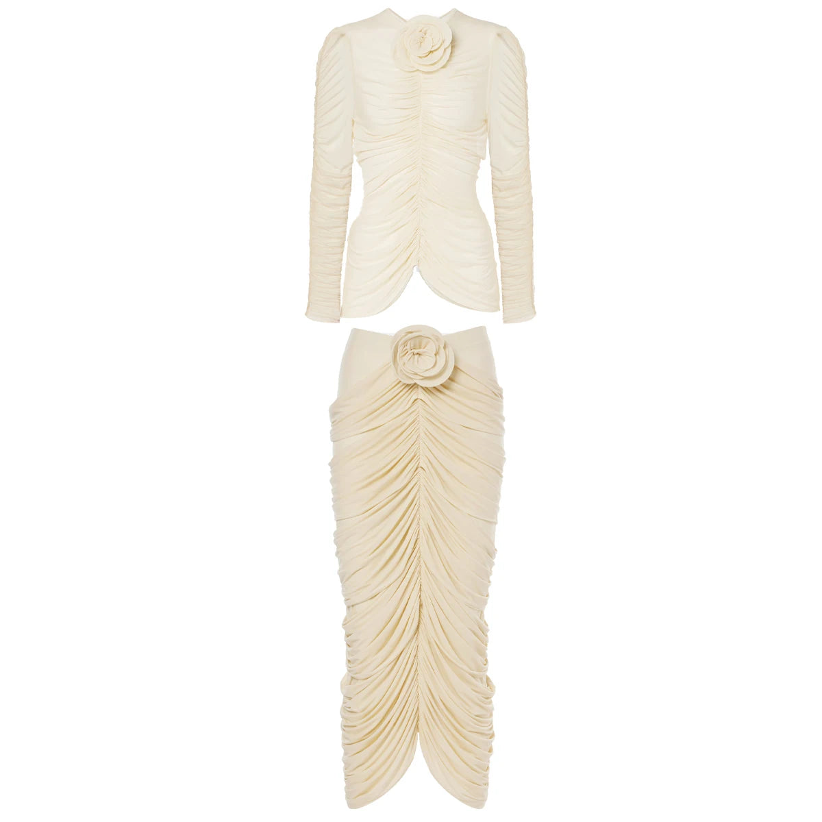 Apricot Two-Piece Party Set – Long Sleeve Structured Flower Top & Pleated Skirt for Women