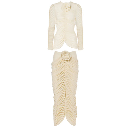 Apricot Two-Piece Party Set – Long Sleeve Structured Flower Top & Pleated Skirt for Women