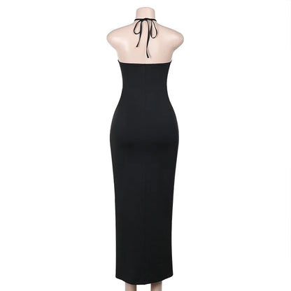 HOLLOW OUT NECK HANGING SLIT MESH BLACK MIDI DRESS