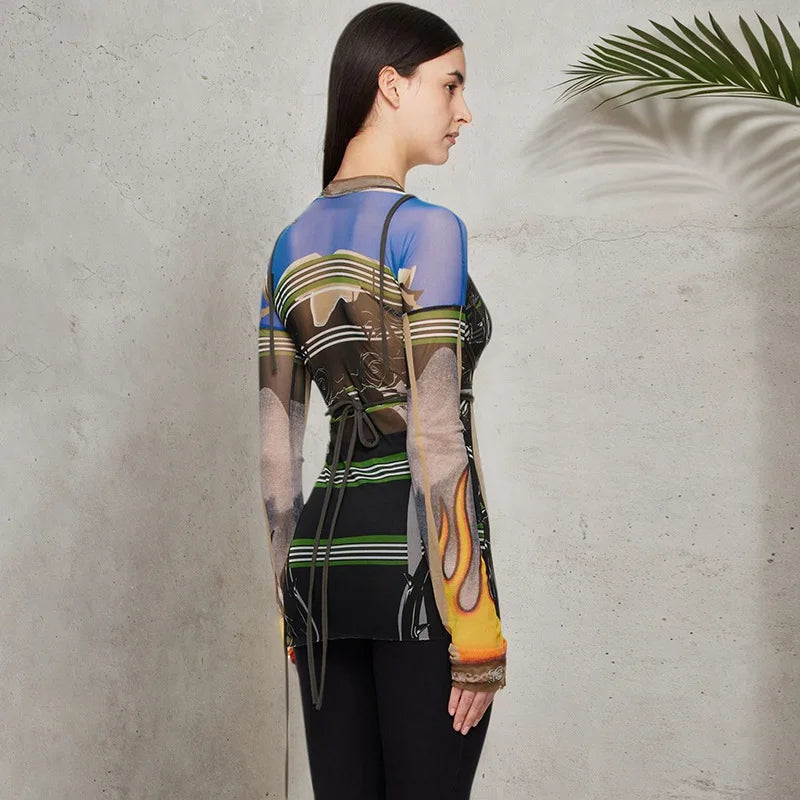 Abstract Print Ruched Sheer Mesh Mini Dress