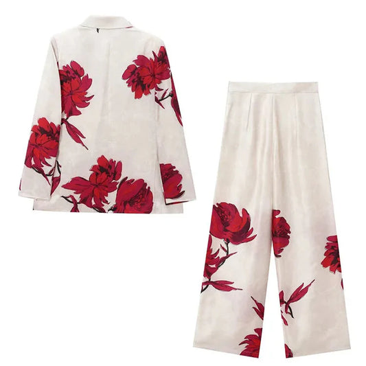 PRINT RED FLOWER BLAZER and PANTS SUIT