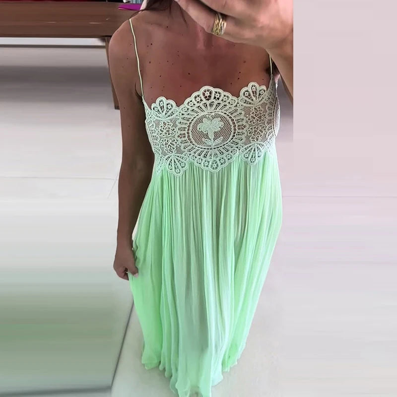 Beach Floral Lace Women's Summer Dress Sheer Hollow Out Pleated Long Spaghetti Strap Long Dresses 2026 Lady Loose Green Sundress