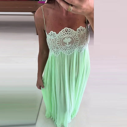 Beach Floral Lace Women's Summer Dress Sheer Hollow Out Pleated Long Spaghetti Strap Long Dresses 2026 Lady Loose Green Sundress