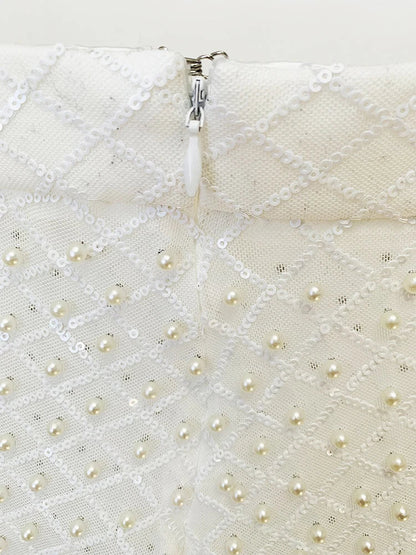 HOLLOW OUT FLOWERS APPLIQUES PEARLS BEADED BLAZER GAUZE PANTS