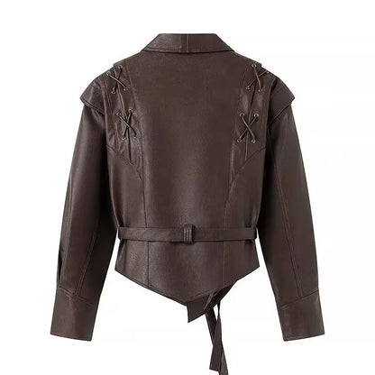 Chic Faux Leather Jacket for Women – Belted PU Coat with Dropped Shoulders