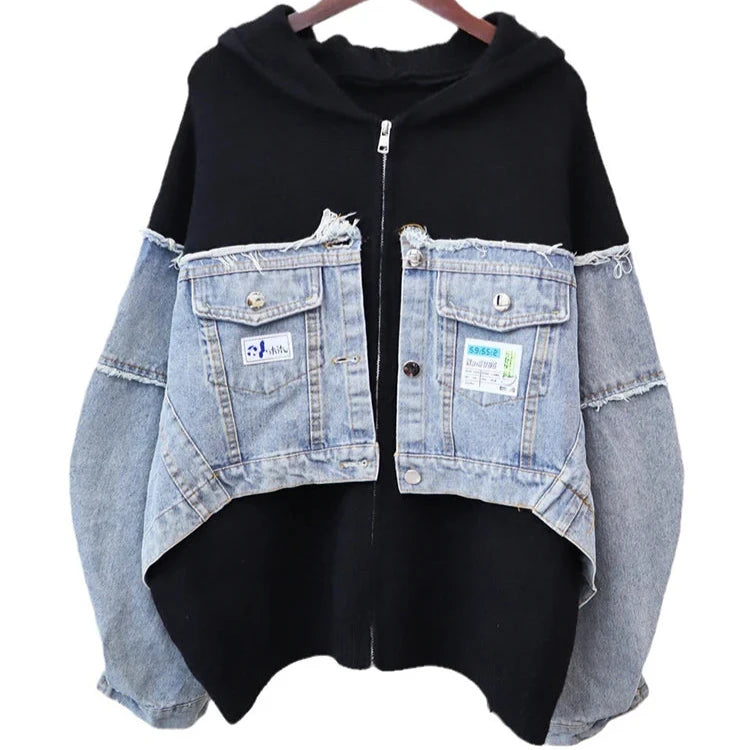 ZIP-UP SWEATSHIRT with DENIM INSERTS - Black