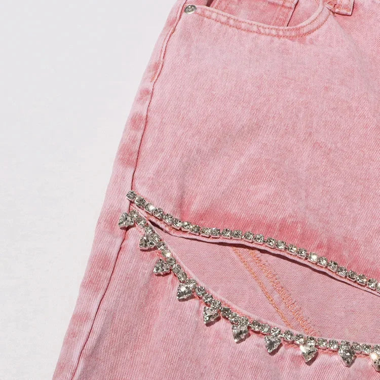 PINK HIGH WAIST DENIM TROUSERS SPLICED DIAMONDS HOLLOW OUT