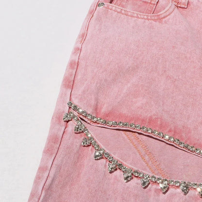 PINK HIGH WAIST DENIM TROUSERS SPLICED DIAMONDS HOLLOW OUT