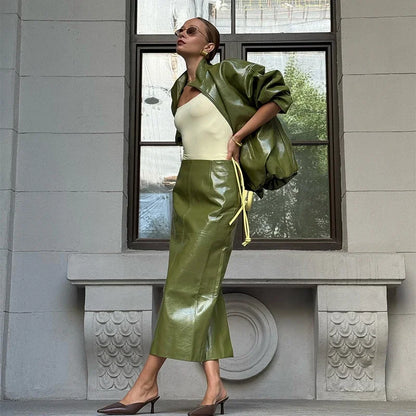 Vintage PU Leather Jacket and Skirt Set for Women – High Neck Long Sleeve Coat + Midi Skirt | Autumn Winte Outfit