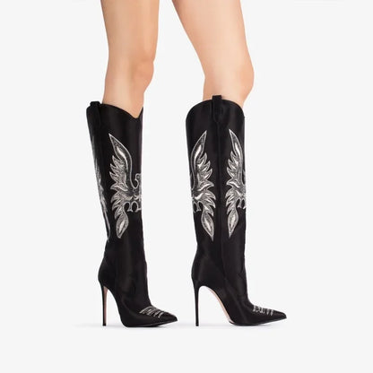 Denim Embroidered Stiletto Cowboy Boots – High Heel Western Fashion Statement