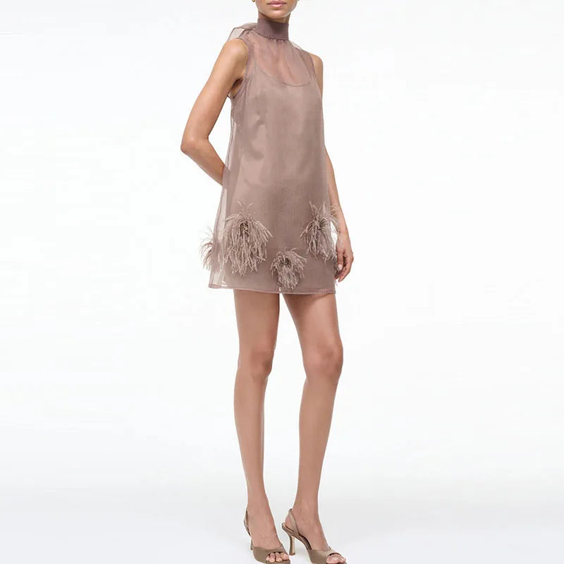 Sleeveless Feather Mesh A-Line Dress for Women – Elegant Party Short Dress