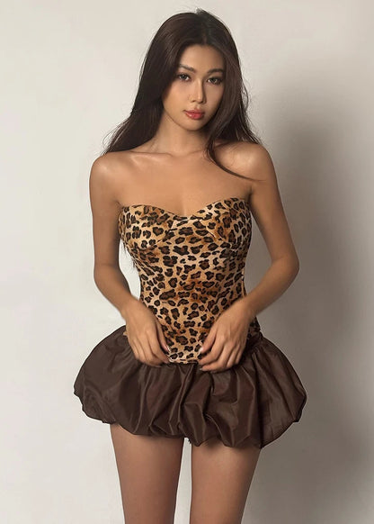 Backless Leopard Print Strapless Bubble Mini Dress