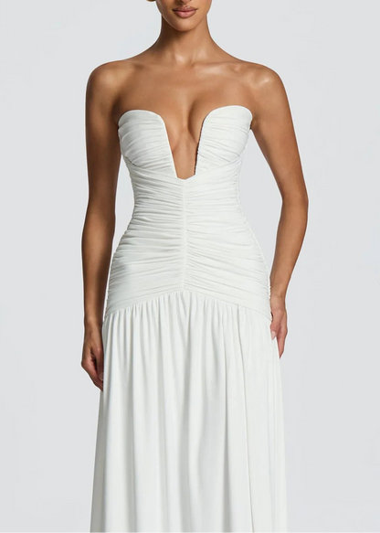 Elegant Deep V Strapless Ruched Maxi Dress