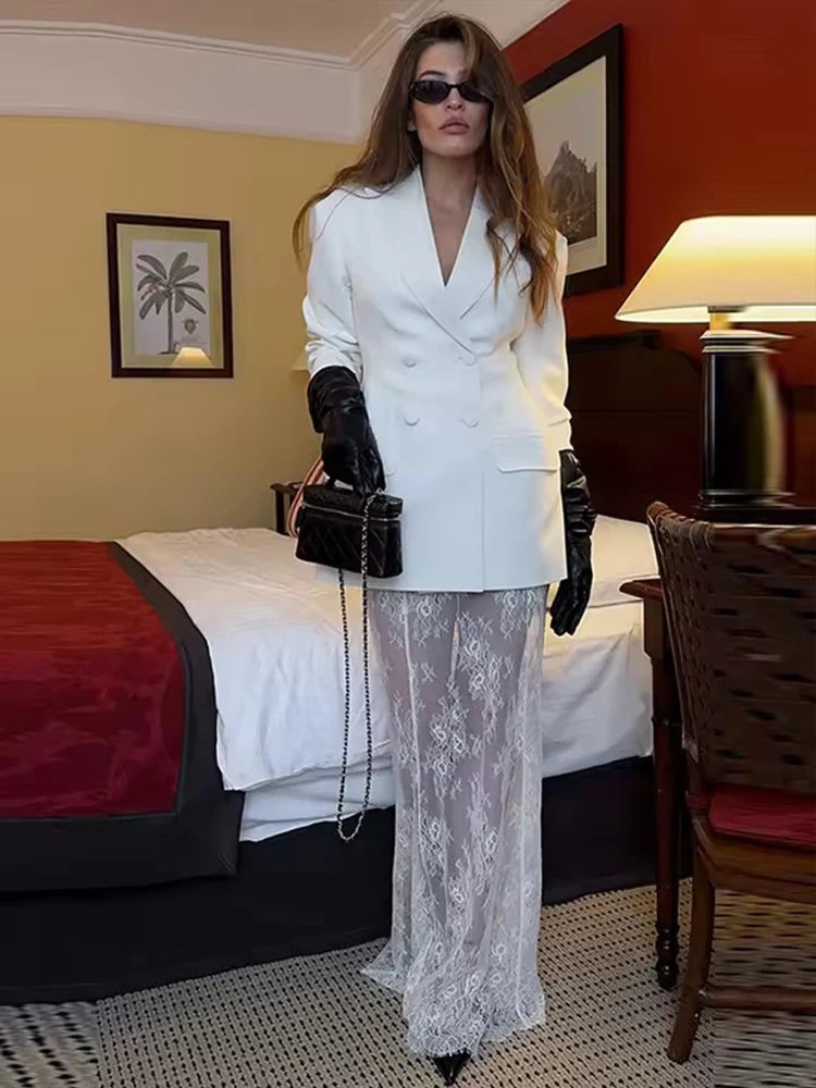 Elegant Blazer and Lace Skirt Set – Women’s Two-Piece Double Breasted Jacket with Sheer Lace Maxi Skirt – Formal Party and Evening Outfit