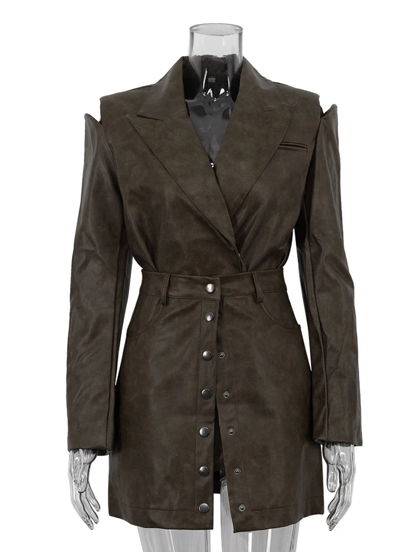 Khaki Blazer and Mini Skirt Set for Women – Elegant Two-Piece Outfit with Long Sleeve Jacket | Office & Party Wear