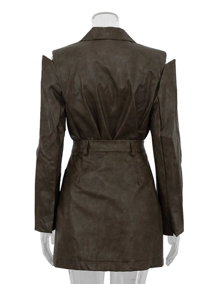 Khaki Blazer and Mini Skirt Set for Women – Elegant Two-Piece Outfit with Long Sleeve Jacket | Office & Party Wear